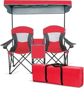 CHAISE DE CAMPING GOPLUS Chaise de Camping 2 Place avec Auvent Réglable et Amovible-Chaise Pliante avec Mini Table-Sac Isotherme-Charge 120KG Rouge
